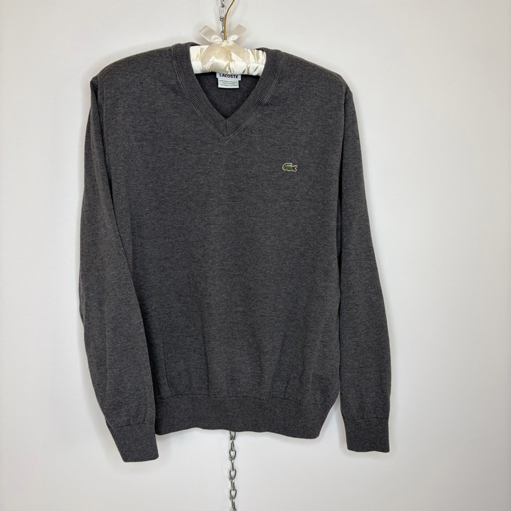 Lacoste Men's V-Neck Sweater in Dark Gray with Green Crocodile Logo